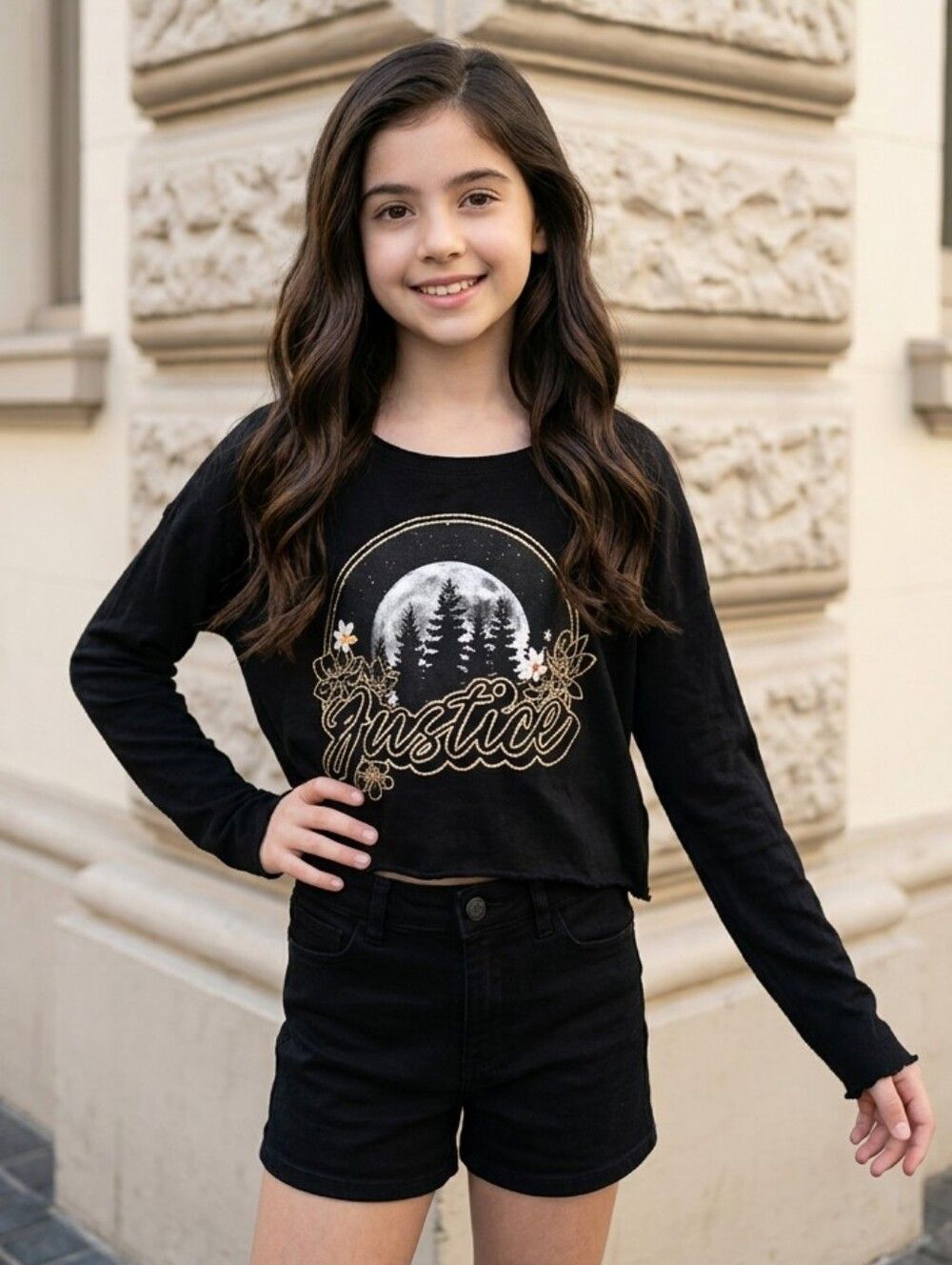 Justice Girls 10 Black Flyaway Tee Graphic Long Sleeve Ribbed Knit T-Shirt Top